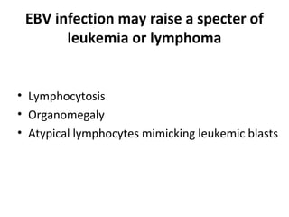 EBV infection may raise a specter of
leukemia or lymphoma
• Lymphocytosis
• Organomegaly
• Atypical lymphocytes mimicking leukemic blasts
 