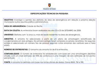 ESPECIFICAÇÕES TÉCNICAS DA PESQUISA: OBJETIVO:   Investigar a opinião dos eleitores da área de abrangência em relação a próxima eleição municipal e outros assuntos político-administrativos. ÁREA DE ABRANGÊNCIA:   Cidade do Recife. DATA DA COLETA:   As entrevistas foram realizadas nos dias 22 e 23 de SETEMBRO de 2008. UNIVERSO:   Eleitores com 16 anos ou mais de idade residentes na área de abrangência. AMOSTRA:   A amostra foi selecionada a partir de um plano de amostragem estratificada de conglomerados em dois estágios. No primeiro estágio foram sorteados os setores censitários. No segundo estágio é selecionado um número fixo de pessoas segundo cotas amostrais das variáveis sexo e faixa etária. NÚMERO DE ENTREVISTAS:   O tamanho da amostra foi de 816 entrevistas.  CONFIABILIDADE:  O número de entrevistas foi estabelecido com base em uma amostragem aleatória simples com um nível estimado de 95% de confiança e uma margem de erro estimada de 3,5 pontos percentuais. FONTE:   A amostra foi definida com base nas fontes oficiais de dados: Censo IBGE, TSE e TRE. 