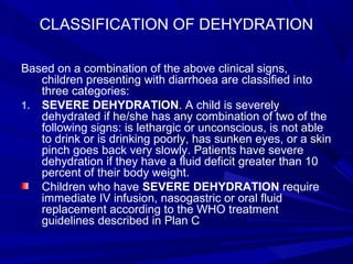CLASSIFICATION OF DEHYDRATION
Based on a combination of the above clinical signs,
children presenting with diarrhoea are classified into
three categories:
1. SEVERE DEHYDRATION. A child is severely
dehydrated if he/she has any combination of two of the
following signs: is lethargic or unconscious, is not able
to drink or is drinking poorly, has sunken eyes, or a skin
pinch goes back very slowly. Patients have severe
dehydration if they have a fluid deficit greater than 10
percent of their body weight.
Children who have SEVERE DEHYDRATION require
immediate IV infusion, nasogastric or oral fluid
replacement according to the WHO treatment
guidelines described in Plan C
 