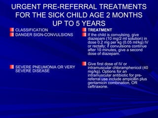 URGENT PRE-REFERRAL TREATMENTS
FOR THE SICK CHILD AGE 2 MONTHS
UP TO 5 YEARS
CLASSIFICATION
DANGER SIGN-CONVULSIONS
SEVERE PNEUMONIA OR VERY
SEVERE DISEASE
TREATMENT
If the child is convulsing, give
diazepam (10 mg/2 ml solution) in
dose 0.2 mg per kg (0.05 ml/kg) IV
or rectally; if convulsions continue
after 10 minutes, give a second
dose of diazepam.
Give first dose of IV or
intramuscular chloramphenicol (40
mg/kg). Options for an
intramuscular antibiotic for pre-
referral use include ampicillin plus
gentamicin combination, OR
ceftriaxone.
 