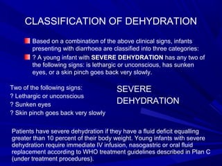 CLASSIFICATION OF DEHYDRATION
Based on a combination of the above clinical signs, infants
presenting with diarrhoea are classified into three categories:
? A young infant with SEVERE DEHYDRATION has any two of
the following signs: is lethargic or unconscious, has sunken
eyes, or a skin pinch goes back very slowly.
Two of the following signs:
? Lethargic or unconscious
? Sunken eyes
? Skin pinch goes back very slowly
SEVERE
DEHYDRATION
Patients have severe dehydration if they have a fluid deficit equalling
greater than 10 percent of their body weight. Young infants with severe
dehydration require immediate IV infusion, nasogastric or oral fluid
replacement according to WHO treatment guidelines described in Plan C
(under treatment procedures).
 