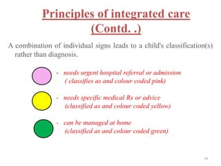 Principles of integrated care
(Contd. .)
A combination of individual signs leads to a child's classification(s)
rather than diagnosis.
- needs urgent hospital referral or admission
( classifies as and colour coded pink)
- needs specific medical Rx or advice
(classified as and colour coded yellow)
- can be managed at home
(classified as and colour coded green)
14
 