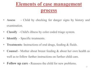 Elements of case management
process
• Assess - Child by checking for danger signs by history and
examination.
• Classify - Child's illness by color coded triage system.
• Identify - Specific treatments.
• Treatments- Instructions of oral drugs, feeding & fluids.
• Counsel - Mother about breast feeding & about her own health as
well as to follow further instructions on further child care.
• Follow up care - Reassess the child for new problems.
17
 