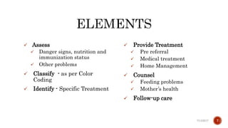  Assess
 Danger signs, nutrition and
immunization status
 Other problems
 Classify - as per Color
Coding
 Identify - Specific Treatment
 Provide Treatment
 Pre referral
 Medical treatment
 Home Management
 Counsel
 Feeding problems
 Mother’s health
 Follow-up care
7/13/2017 7
 