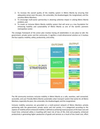 2. To increase the overall quality of the mobility system in Metro Manila by ensuring that
adequately serves even the poor, the vulnerable, the disadvantaged, the marginalized, and the
voiceless Metro Manilans;
3. To encourage multi-sector partnership in attaining collective impact in solving Metro Manila
problem; and
4. To create an inclusive Metro Manila mobility system that will serve as a key foundation for
enhancing livability and sustainability of Metro Manila as one of the world's premiere
metropolitan center.
The strategic framework of the action plan involves having all stakeholders in one place to talk: the
government, private sector and the community. It signifies a multi-dimensional solution as it involves
the four aspects: mobility, safety, productivity, and civility.

The IM community envisions inclusive mobility in Metro Manila as a safe, seamless, well connected,
accessible, and user-friendly Metro Manila sustainable urban transport system that works for all Metro
Manilans, especially the poor, the vulnerable, the disadvantaged, and the marginalized.
Inclusive mobility outcomes are grounded on a multi-sectoral network of Metro Manilans actively
partnering with the government, private sector and civil society. It is categorized according to the
aspects of mobility where enhanced mobility is defined as achieving travel purposes at the least cost and
travel time; enhanced safety is travelling with least risk of loss of life, limb and property; enhanced
productivity is generating higher peoduction of goods and services as a result of less travel cost, effort

 