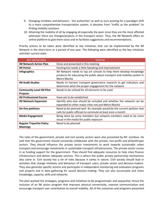 9. Changing mindsets and behaviors - the authorities' as well as ours pushing for a paradigm shift
to a more comprehensive transportation system. It deviates from "traffic as the problem" to
finding mobility solutions.
10. Attaining the mobility of all by engaging all especially the poor since they are the most affected
whenever there are changes/projects in the transport sector. Thus, the IM Network offers an
online platform to give them voice and to facilitate suggestions and recommendations.
Priority actions to be taken were identified as key initiatives that can be implemented by the IM
Network in the short-term or a period of one year. The following were identified as the key initiatives
and their current state:
KEY INITIATIVES
IM Network Action Plan
IM Portal
Infographics

IM Audit Studies
Community Level IM Pilot
Projects
IM Professional Course
IM Network Expansion
On-line petitions
Media Engagement
Regular Tripartite Policy
Meetings

STATUS
Done and presented in this meeting
Existing but needs a little tweaking and improvement
IM Network needs to tap art schools to help them develop knowledge
products for educating the public about transport and mobility system in
Metro Manila
Needs to harness transport governance research to get indicators and
determine what the proper engagement for the network
Needs to be utilized for all elements to be used
Have yet to be established
Identify who else should be included and whether the network can be
expanded to other major cities not just Metro Manila
Need to be planned well. An example would be the current petition that
calls for public officials to commute at least once a month.
Being done by some members but network members need to be more
visual in the media for public exposure
Need to be planned

The roles of the government, private and civil society sectors were also presented by Mr. Cordova. He
said that the government should constantly collaborate with the private, non-profit and philanthropic
sectors. They should influence the private sector investments to work towards sustainable urban
transport and encourage investments in sustainable transport infrastructures. The private sector comes
in as funding support for the government. They should find adequate resources to help cities finance
infrastructure and deliver adequate services. This is where the public private partnership mechanisms
also come in. Civil society has a lot of roles because it varies in nature. Civil society should lead in
activities that change mindsets and behaviors of transport users, private sector and decision-makers.
They also generate specific actions and participate in independent monitoring and evaluation programs
and projects and in data gathering for sound decision-making. They can also accumulate and share
knowledge, capacity, skills and networks.
The plan wanted the strategies, programs and initiatives to be programmatic and sequential, hence the
inclusion of an IM action program that improves physical connectivity, improve communication and
encourage transport user contribution to overall mobility. All of the outcomes and programs presented

 