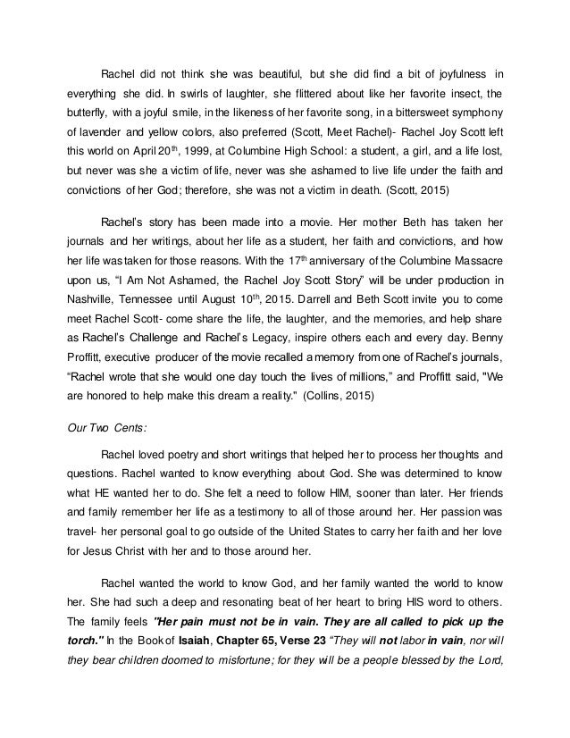 Essay On Business Ethics Rachel Essay Style Paper also Synthesis Essay Im Not Ashamed Rachel Scott Lives On Argument Essay Thesis Statement