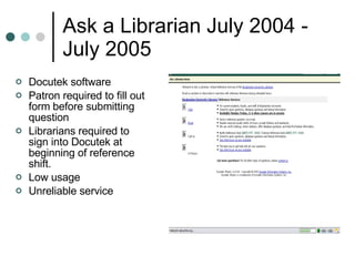 Ask a Librarian July 2004 - July 2005  Docutek software Patron required to fill out form before submitting question Librarians required to sign into Docutek at beginning of reference shift. Low usage  Unreliable service  