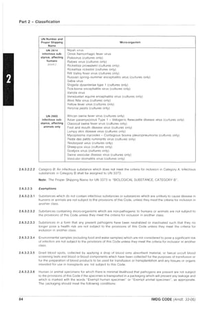 Part 2 - Classification
UN Number and
Proper Shipping Micro-organism
Name
UN 2814 Nipah virus
Infectious sub- Omsk hemorrhagic fever virus
stance, affecting Poliovirus (cultures only)
humans Rabies virus (cultures only)
(cont.) Rickettsia prowazekii (cultures only)
Rickettsia rickettsii (cultures only)
Rift Valley fever virus (cultures only)
Russian spring-summer encephalitis virus (cultures only)
Sabia virus
Shigella dysenteriae type 1 (cultures only)
Tick-borne encephalitis virus (cultures only)
Variola virus
Venezuelan equine encephalitis virus (cultures only)
West Nile virus (cultures only)
Yellow fever virus (cultures only)
Yersinia pestis (cultures only)
UN 2900 African swine fever virus (cultures only)
Infectious sub- Avian paramyxovirus Type 1 - Velogenic Newcastle disease virus (cultures only)
stance, affecting Classical swine fever virus (cultures only)
animals only Foot and mouth disease virus (cultures only)
Lumpy skin disease virus (cultures only)
Mycoplasma mycoides - Contagious bovine pleuropneumonia (cultures only)
Peste des petits ruminants virus (cultures only)
Rinderpest virus (cultures only)
Sheep-pox virus (cultures only)
Goatpox virus (cultures only)
Swine vesicular disease virus (cultures only)
Vesicular stomatitis virus (cultures only)
2.6.3.2.2.2 Category B: An infectious substance which does not meet the criteria for inclusion in Category A Infectious
substances In Category B shall be assigned to UN 3373.
Note: The Proper Shipping Name for UN 3373 is "BIOLOGICAL SUBSTANCE, CATEGORY B".
2.6.3.2.3 Exemptions
2.6.3.2.3.1 Substances which do not contain infectious substances or substances which are unlikely to cause disease in
humans or animals are not subject to the provisions of this Code, unless they meet the criteria for inclusion in
another class.
2.6.3.2.3.2 Substances containing micro-organisms which are non-pathogenic to humans or animals are not subject to
the provisions of this Code unless they meet the criteria for inclusion in another class.
2.6.3.2.3.3 Substances in a form that any present pathogens have been neutralized or inactivated such that they no
longer pose a health risk are not subject to the provisions of this Code unless they meet the criteria for
inclusion in another class.
2.6.3.2.3.4 Environmental samples (including food and water samples) which are not considered to pose a significant risk
of infection are not subject to the provisions of this Code unless they meet the criteria for inclusion in another
class.
2.6.3.2.3.5 Dried blood spots, collected by applying a drop of blood onto absorbent material, or faecal occult blood
screening tests and blood or blood components which have been collected for the purposes of transfusion or
for the preparation of blood products to be used for transfusion or transplantation and any tissues or organs
intended for use in transplants are not subject to this Code.
2.6.3.2.3.6 Human or animal specimens for which there is minimal likelihood that pathogens are present are not subject
to the provisions of this Code if the specimen is transported in a packaging which will prevent any leakage and
which is marked with the words "Exempt human specimen" or "Exempt animal specimen", as appropriate.
The packaging should meet the following conditions:
84 IMDG CODE (Amdt. 33-06)
 