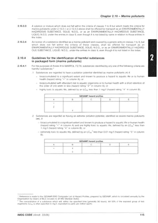 2.10.3.3
2.10.3.4
2.10.4
2.10.4.1
Chapter 2.10 - Marine pollutants
A solution or mixture which does not fall within the criteria of classes 1 to 8 but which meets the criteria for
marine pollutants under 2,10,3,1 or 2,10,3,2 above shall be offered for transport as an ENVIRONMENTALLY
HAZARDOUS SUBSTANCE, SOLID, N,O,S" or as an ENVIRONMENTALLY HAZARDOUS SUBSTANCE,
LIQUID, N,O,S, under the entries in class 9, even though it is not listed by name in relation to those entries in
the Index,
An isomer of a substance identified as a marine pollutant and covered by a generic entry in classes 1 to 8, but
which does not fall within the criteria of these classes, shall be offered for transport as an
ENVIRONMENTALLY HAZARDOUS SUBSTANCE, SOLID, NO,S, or as an ENVIRONMENTALLY HAZARD-
OUS SUBSTANCE, LIQUID, N,O,S" under the entries in class 9, even though it is not listed in the Index,
Guidelines for the identification of harmful substances
in packaged form (marine pollutants)
For the purposes of Annex III to MARPOL 73/78, substances identified by anyone of the following criteria are
harmfu I su bstances: *
,1 Substances are regarded to have a pollution potential identified as marine pollutants (I') if:
- bioaccumulated to a significant extent and known to produce a hazard to aquatic life or to human
health (hazard rating "+" in column A); or
- bioaccumulated with attendant risk to aquatic organisms or to human health with a short retention of
the order of one week or less (hazard rating "Z" in column A); or
- highly toxic to aquatic life, defined by an LC50 less than 1 mg/e (hazard rating "4" in column B),
GESAMP hazard profiles
A B C 0 E
+
Z
4
,2 Substances are regarded as having an extreme pollution potential, identified as severe marine pollutants
(pp), if:
- bioaccumulated to a significant extent and known to produce a hazard to aquatic life or human health
(hazard rating "+" in column A) and are highly toxic to aquatic life, defined by an LC50
1- less than
1 mg/f (hazard rating "4" in column B); or
- extremely toxic to aquatic life, defined by an LC50
i
less than 0,01 mg/f (hazard rating "5" in column
B),
GESAMP hazard profiles
A B C 0 E
- 4
5
* Reference is made to the GESAMP/EHS Composite List of Hazard Profiles, prepared by GESAMP, which is circulated annually by the
Organization by means of BLG circulars to all IMO Member States,
t The concentration of a substance which will, within the specified time (generally 96 hours), kill 50% of the exposed group of test
organisms; LCso is often speCified in mg/e, equivalent to parts per million (ppm),
IMDG CODE (Amdt, 33-06) 115
 