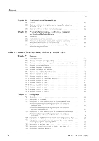 Contents
Chapter 6.8 Provisions for road tank vehicles
6.8.1
6.8.2
6.8.3
General
Road tank vehicles for long international voyages for substances
of classes 3 to 9 ............ .
Road tank vehicles for short international voyages ......... .
Chapter 6.9 Provisions for the design, construction, inspection
and testing of bulk containers
6.9.1
6.9.2
Definitions.
Application and general provisions ....................... .
6.9.3 Provisions for the design, construction, inspection and testing
of freight containers used as bulk containers.
6.9.4 Provisions for the design, construction and approval of bulk containers
other than freight containers .......................... .
PART 7 - PROVISIONS CONCERNING TRANSPORT OPERATIONS
Chapter 7.1 Stowage
7.1.1 General provisions.
7.1.2 Stowage in relation to living quarters.
7.1.3 Stowage in relation to undeveloped films and plates, and mailbags.
7.1.4
7.1.5
7.1.6
7.1.7
7.1.8
7.1.9
Stowage of marine pollutants ...
Stowage in relation to foodstuffs
Stowage of solutions and mixtures ............................. .
Stowage and handling of goods of class 1.
Stowage of goods of class 2
Stowage of goods of class 3 ....
7.1.10 Stowage of goods of classes 4.1, 4.2 and 4.3
7.1.11 Stowage of goods of class 5.1 .......... .
7.1.12 Stowage of goods of class 5.2.
7.1.13 Stowage of goods of class 6.1 ............. .
7.1.14 Stowage of goods of class 7 .
7.1.15 Stowage of goods of class 8 .
7.1.16 Stowage of goods of class 9 .
Chapter 7.2 Segregation
7.2.1 General ..
7.2.2 Segregation of packages.
7.2.3 Segregation of cargo transport units on board container ships.
Illustrations of segregation of cargo transport units on board
container ships. . ........................ .
Illustrations of segregation of cargo transport units on board
hatchless container ships.
7.2.4 Segregation of cargo transport units on board roll-on/roll-off ships ..
Illustrations of segregation of cargo transport units on board
ro-ro ships. . . . . . . . . .................. .
7.2.5 Segregation in shipborne barges and on board barge-carrying ships ..
7.2.6 Segregation between bulk materials possessing chemical hazards
and dangerous goods in packaged form ......... .
7.2.7 Segregation of goods of class 1.......... .
7.2.8 Segregation provisions for goods of class 4.1 and class 5.2.
7.2.9 Segregation for 900ds of class 7 ...
Page
362
362
362
366
366
366
367
371
372
373
373
373
373
373
378
379
379
381
381
382
382
384
385
388
391
393
394
402
416
416
423
423
425
427
427
x IMDG CODE (Amdt. 33-06)
 