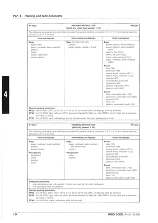 Part 4 - Packing and tank provisions
134
P112(b) PACKING INSTRUCTION
(Solid dry, other than powder 1.10)
P112(b)
The following packagings are authorized, provided the general packing provisions of 4.1.1, 4.1.3 and special packing
provisions of 4.1.5 are met.
Inner packagings
Bags
paper, krait
paper, multiwall, water-resistant
plastics
textile
textile, rubberized
woven plastics
Special packing provisions:
Intermediate packagings
Bags (for UN 0150 only)
plastics
textile, plastic coated or lined
Outer packagings
Bags
woven plastics, sift-proof (5H2)
woven plastics, water-resistant
(5H3)
plastics. film (5H4)
textile, sift-proof (5L2)
textile, water-resistant (5L3)
paper, multiwall, water-resistant
(5M2)
Boxes
steel (4A)
aluminium (46)
natural wood, ordinary (4C1)
natural wood, sift-proof (4C2)
plywood (40)
reconstituted wood (4F)
fibreboard (4G)
plastics, expanded (4H1)
plastics, solid (4H2)
Drums
steel, removable head (1 A2)
aluminium, removable head (162)
plywood (10)
fibre (1G)
plastics, removable head (1 H2)
PP26 For UN Nos. 0004, 0076, 0078, 0154, 0216, 0219 and 0386, packagings shall be lead-free.
PP46 For UN 0209, bags. sift-proof (5H2) are recommended for flake or prilled TNT in the dry state and a maximum
net mass of 30 kg.
PP47 For UN 0222, inner packagings are not required when the outer packaging is a bag.
P112(c) PACKING INSTRUCTION P112(c)
(Solid dry powder 1.1 D)
The following packagings are authorized, provided the general packing provisions of 4.1 .1,4.1.3 and special packing
provisions of 4.1.5 are met.
Inner packagings Intermediate packagings Outer packagings
Bags Bags Boxes
paper, multiwall, water-resistant paper, multiwall, water-resistant steel (4A)
plastics with inner lining aluminium (48)
woven plastiCS plastics natural wood, ordinary (4C1)
Receptacles Receptacles
natural wood, sift-proof (4C2)
fibreboard metal
plywood (40)
metal plastics
reconstituted wood (4F)
plastics
fibreboard (4G)
wood
plastics, solid (4H2)
Drums
steel, removable head (1 A2)
aluminium, removable head (162)
plywood (10)
fibre (1G)
plastics, removable head (1 H2)
Additional provisions:
1 Inner packagings are not required if drums are used as the outer packaging.
2 The packaging shall be sift-proof.
Special packing provisions:
PP26 For UN Nos. 0004, 0076, 0078, 0154, 0216, 0219 and 0386, packagings shall be lead-free.
PP46 For UN 0209, bags, sift-proof (5H2) are recommended for flake or prilled TNT in the dry state and a maximum
net mass of 30 kg.
PP48 For UN 0504, metal packagings shall not be used.
IMDG CODE (Amdt. 33-06)
 