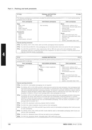 Part 4 - Packing and tank provisions
136
P114(b) PACKING INSTRUCTION P114(b)
(Solid dry)
The following packagings are authorized, provided the general packing provisions of 4.1 1, 4.1.3 and special packing
provisions of 4.1.5 are met
Inner packagings Intermediate packagings Outer packagings
Bags Boxes
paper, kraft Not necessary natural wood, ordinary (4C1)
plastics natural wood, sift-proof walls (4C2)
textile, sif1-proof plywood (40)
woven plastics, sif1-proof reconstituted wood (4F)
Receptacles
fibreboard (4G)
fibreboard Drums
metal steel, removable head (1A2)
paper aluminium, removable head (1 B2)
plastics plywood (10)
woven plastics, sift-proof fibre (1G)
plastics, removable head (1 H2)
Special packing provisions:
PP26 For UN Nos. 0077, 0132, 0234, 0235 and 0236, packagings shall be lead-free.
PP50 For UN 0160 and UN 0161, inner packagings are not necessary when drums are used as the outer packaging
PP52 For UN 0160 and UN 0161, when metal drums (1 A2 or 1B2) are used as the outer packaging, metal
packagings shall be so constructed that the risk of explosion, by reason of increase in internal pressure from
internal or external causes, is prevented.
P115 PACKING INSTRUCTION P115
The following packagings are authorized, provided the general packing provisions of 4.1.1, 4.1.3 and special packing
provisions of 4.1.5 are met.
Inner packagings
Receptacles
plastics
Special packing provisions:
Intermediate packagings
Bags
plastiCS in metal receptacles
Drums
metal
PP45 For UN 0144, intermediate packagings are not required.
Outer packagings
Boxes
natural wood, ordinary (4C1)
natural wood, sift-proof walls (4C2)
plywood (40)
reconstituted wood (4F)
Drums
steel, removable head (1A2)
aluminium, removable head (1 B2)
plywood (10)
fibre (1G)
plastiCS, removable head (1 H2)
PP53 For UN Nos. 0075, 0143, 0495 and 0497, when boxes are used as the outer packaging, inner packagings shall
have taped screw-cap closures and be not more than 5 P capacity each. Inner packagings shall be surrounded
with non-combustible absorbent cushioning materials. The amount of absorbent cushioning material shall be
sufficient to absorb the liquid contents. Metal receptacles shall be cushioned from each other. Net mass of
propellant is limited to 3D kg for each package when outer packagings are boxes.
PP54 For UN Nos. 0075, 0143, 0495 and 0497, when drums are used as the outer packaging and when intermediate
packagings are drums, they shall be surrounded with non-combustible cushioning material in a quantity
sufficient to absorb the liquid contents. A composite packaging consisting of a plastics receptacle in a metal
drum may be used instead of the inner and intermediate packagings. The net volume of propellent in each
package shall not exceed 120 f..
PP55 For UN 0144, absorbent cushioning material shall be inserted.
PP56 For UN 0144, metal receptacles may be used as inner packagings.
PP57 For UN Nos. 0075, 0143, 0495 and 0497, bags shall be used as intermediate packagings when boxes are used
as outer packagings.
PP58 For UN Nos. 0075, 0143, 0495 and 0497, drums shall be used as intermediate packagings when drums are
used as outer packagi ngs.
PP59 For UN 0144, fibreboard boxes (4G) may be used as outer packagings.
PP60 For UN 0144, aluminium drums, removable head (1 B2) shall not be used.
IMDG CODE (Amdt. 33-06)
 
