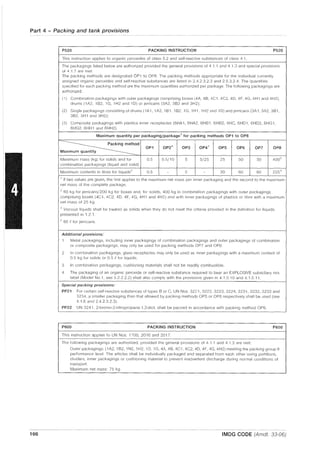 Part 4 - Packing and tank provisions
PS20 PACKING INSTRUCTION PS20
This instruction applies to organic peroxides of class 5.2 and self-reactive substances of class 4.1.
The packagings listed below are authorized provided the general provisions of 4.1.1 and 4.1.3 and special provisions
of 4.1.7 are met.
The packing methods are designated OP1 to OP8. The packing methods appropriate for the individual currently
assigned organic peroxides and self-reactive substances are listed in 2.4.2.3.2.3 and 2.5.3.2.4. The quantities
specified for each packing method are the maximum quantities authorized per package. The following packagings are
authorized:
(1) Combination packagings with outer packagings comprising boxes (4A, 4B, 4C1, 4C2, 40, 4F, 4G, 4H1 and 4H2),
drums (1A2, 1B2, 1G, 1H2 and 10) or jerricans (3A2, 3B2 and 3H2);
(2) Single packagings consisting of drums (1A 1, 1A2, 1B1, 1B2, 1G, 1H1, 1H2 and 10) and jerricans (3A 1, 3A2, 3B1,
3B2, 3H 1 and 3H2);
(3) Composite packagings with plastics inner receptacles (6HA 1, 6HA2, 6HB1, 6HB2, 6HC, 6H01, 6H02, 6HG1,
6HG2, 6HH 1 and 6HH2).
Maximum quantity per packaging/package1 for packing methods OP1 to OPS
d
OP2
1
OP4
1
OP1 OP3 OPS OP6 OP7 OP8
Maximum quantity
Maximum mass (kg) for solids and for 0.5 0.5/10 5 5/25 25 50 50 4002
combination packagings (liquid and solid)
Maximum contents in litres for liquids
CJ
0.5 - 5 - 30 60 60 225"
I If two values are given, the first applies to the maximum net mass per inner packaging and the second to the maximum
net mass of the complete package.
2 60 kg for jerricans/200 kg for boxes and, for solids, 400 kg in combination packagings with outer packagings
compriSing boxes (4C 1, 4C2, 40, 4F, 4G, 4H 1 and 4H2) and with inner packagings of plastics or fibre with a maximum
net mass of 25 kg
il Viscous liquids shall be treated as solids when they do not meet the criteria provided in the definition for liquids
presented in 1.2.1
" 60 Ii for jerricans.
Additional provisions:
1 Metal packagings, inclu,jing inner packagings of combination packagings and outer packagings of combination
or composite packagings, may only be used for packing methods OP7 and OP8
2 In combination packagings, glass receptacles may only be used as Inner packagings with a maximum content of
0.5 kg for solids or 0.5 f for liquids.
3 In combination packagings, cushioning materials shall not be readily combustible.
4 The packaging of an organic peroxide or self-reactive substance required to bear an EXPLOSIVE subsidiary risk
label (Model No.1, see 5.2.2.2.2) shall also comply with the provisions given in 4.1.5.10 and 4.1.5.11.
Special packing provisions:
PP21 For certain self-reactive substances of types B or C, UN Nos. 3221,3222,3223,3224,3231,3232,3233 and
3234, a smaller packaging than that allowed by packing methods OP5 or OP6 respectively shall be used (see
4.1.6 and 242.3.2.3).
PP22 UN 3241, 2-bromo-2-nitropropane-1,3-diol, shall be packed in accordance with packing method OP6.
P600 PACKING INSTRUCTION P600
This instruction applies to UN Nos. 1700,2016 and 2017.
The following packagings are authorized, provided the general provisions of 4.1.1 and 4.1.3 are met:
Outer packagings: (1A2, 182, 1N2, 1H2, 1D, 1G, 4A, 48, 4C1, 4C2, 40, 4F, 4G, 4H2) meeting the packing group II
performance level. The articles shall be individually packaged and separated from each other using partitions,
dividers, inner packagings or cushioning material to prevent inadvertent discharge during normal conditions of
transport.
Maximum net mass: 75 kg
166 IMDG CODE (Amdt. 33-06)
 