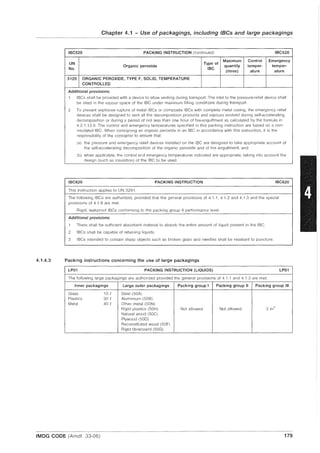 Chapter 4.1 - Use of packagings, including IBCs and large packagings
IBC520 PACKING INSTRUCTION (continued) IBC520
UN Type of
Maximum Control Emergency
No.
Organic peroxide
IBC
quantity temper- temper-
(Iitres) ature ature
3120 ORGANIC PEROXIDE, TYPE F, SOLID, TEMPERATURE
CONTROLLED
Additional provisions;
1 IBCs shall be provided with a device to allow venting during transport. The inlet to the pressure-relief device shall
be sited in the vapour space of the IBC under maximum filling conditions during transport.
2 To prevent explosive rupture of metal IBCs or composite IBCs with complete metal casing, the emergency relief
devices shall be designed to vent all the decomposition products and vapours evolved during self-accelerating
decomposition or during a period of not less than one hour of fire-engulfment as calculated by the formula in
4.2.1.13.8. The control and emergency temperatures specified in this packing instruction are based on a non-
insulated IBC. When consigning an organic peroxide in an IBC in accordance with this instruction, it is the
responsibility of the consignor to ensure that:
(a) the pressure and emergency relief devices installed on the IBC are designed to take appropriate account of
the self-accelerating decomposition of the organic peroxide and of fire engulfment; and
(b) when applicable, the control and emergency temperatures indicated are appropriate, taking into account the
design (such as insulation) of the IBC to be used.
IBC620 PACKING INSTRUCTION IBC620
This instruction applies to UN 3291.
The following IBCs are authorized, provided that the general provisions of 4.1 .1, 4.1.2 and 4.1.3 and the special
provisions of 4.1.8 are met:
Rigid, leakproof IBCs conforming to the packing group II performance level.
Additional provisions:
1 There shall be sufficient absorbent material to absorb the entire amount of liquid present in the IBC.
2 IBCs shall be capable of retaining liquids.
3 IBCs intended to contain sharp objects such as broken glass and needles shall be resistant to puncture.
4.1.4.3 Packing instructions concerning the use of large packagings
LPOI PACKING INSTRUCTION (LIQUIDS) LPOI
The following large packagings are authorized provided the general provisions of 4.1 .1 and 4.1.3 are met:
Inner packagings Large outer packagings Packing group I Packing group II Packing group III
Glass 10 £ Steel (50AI
Plastics 30 £ Aluminium (50B)
Metal 40 e Other metal (50N)
Rigid plastics (50HI Not allowed Not allowed 3 m3
Natural wood (50C)
Plywood (500)
Reconstituted wood (50F)
Rigid fibreboard (50G)
IMDG CODE (Amdt. 33-06) 179
 