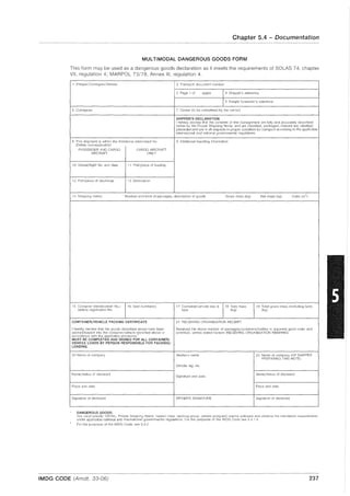 Chapter 5.4 - Documentation
MULTIMODAL DANGEROUS GOODS FORM
This form may be used as a dangerous goods declaration as it meets the requirements of SOlAS 74, chapter
VII, regulation 4; MARPOl 73/78, Annex III, regulation 4.
1 Shipper/Consignor/Sender 2 Transport document number
3 Page 1 of pages 4 Shipper's reference
5 Freight forwarder's reference
6 Consignee 7 Carrier Ito be completed by the cmrier)
SHIPPER'S DECLARATION
 hereby declare that ttle contents of this consignment are fully and
below by the Proper Shipping Name, and are classified, packaged,
placarded and in all respects in proper condition for transport according . applicable
international national governmental regulations
8 This shipment the limitations prescnbed for 9 Additional handling Information
(Delete
PASSENGER AND CARGO CARGO AIRCRAFT
AIRCRAFT ONLY
10 Vessel/flight No. and date 11 POIt/place of loading
12 Port/place of discharge 13 Destination
14 Shipping marks ' Number and kind of packages; description of goods Gross mass (kg) Net mass (k,]) Cube (m:l)
15 Container No./ 16 Seal number(s)
vehicle registratiOi No.
CONTAINER/VEHICLE PACKING CERTIFICATE
I hereby declare Ihat the goods described above have been
packed/loaded into the container/vehicle identified above In
accordance with the applicable provislons.·I
·
MUST BE COMPLETED AND SIGNED FOR ALL CONTAINER/
VEHICLE LOADS BY PERSON RESPONSIBLE FOR PACKING/
LOADING
20 Name of company
Name/status of declarant
Place and date
Signature of declarant
DANGEROUS GOODS:
You must specify: UN No.,
under applicable national
For the purposes of the IMDG Code, see 5.4.2
IMDG CODE (Amdt. 33-06)
17 Container/vehicle size & 18 Tare mass 19 Total gross mass (inclL.-ding tare)
type (kg) (kg)
21 RECEIVING ORGANISATION RECEIPT
the above number of packages/containers/trailers in apr~arent good order and
unless stated hereon: RECEIVING ORGANIS"TION REMARKS:
Haulier's name 22 Name of company (OF SHIPPER
PREPARING THIS NOTE)
Vehicle reg. no.
Signature and dale
Name/status of declarant
Place and dale
DRIVER·S SIGNATUI'iE Signature of declarant
observe the mandatory requlremenls
237
 
