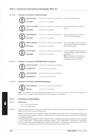 Part 6 - Construction and testing of packagings, laCs, etc.
6.1.3.10
6.1.3.11
6.1.3.12
6.1.4
6.1.4.1
6.1.4.1.1
248
Examples of markings for NEW packagings
®
4G/Y145/S/02 as in 6.1.3.1 (a), (b), (c), (d) and (e)
NL/VL823 as in 6.1.3.1 (f) and (9)
®
1A1/Y1.4/150/98 as in 6.1.3.1 (a), (b), (c), (d) and (e)
NL/VL824 as in 6.1.3.1 (f) and (g)
®
1A2/Y150/S/0 1 as in 6.1.3.1 (a), (b), (c), (d) and (e)
NL/VL825 as in 6.1.3.1 (f) and (g)
®
4HW/Y136/S/98 as in 6.1.3.1 (a), (b), (c), (d) and (e)
NL/VL826 as in 6.1.3.1 (f) and (g)
®
1A2/Y/100/01 as in 6.1.31 (a), (b), (c), (d) and (e)
USA/MM5 as in 6.1.3.1 (f) and (g)
Examples of markings for RECONDITIONED packagings
®
®
1A1/Y1.4/150/97 as in 6.1.31 (a), (b), (c), (d) and (e)
NL/RB/01 RL as in 6.1.3.8 (h), (i) and (j)
1A2/Y150/S/99 as in 6.1.3.1 (a), (b), (c), (d) and (e)
USA/RB/OO R as in 6.1.38 (h), (i) and (j)
Examples of markings for SALVAGE packagings
fli 1A2T/Y300/S/01
.!!J USA/abc
as in 6.1.3.1 (a). (b), (c), (d) and (e)
as in 6.1.3.1 (f) and (g)
For a new fibreboard box
For a new steel drum to contain
liquids
For a new steel drum to contain
solids or inner packaglngs
For a new plastics box of a specifi-
cation equivalent to that indicated by
the packaging code
For a remanufactured steel drum to
contain liquids of relative density not
exceeding 1.2
Note: For liquids, the marking of
relative density not exceeding 1.2
is optional; see 6.1.3.1 (c)(ii)
Note: The markings, for which examples are given in 6.1.3.10, 6.1.3.11 and 6.1.3.12, may be applied in a
single line or in multiple lines provided the correct sequence is respected.
Provisions for packagings
Steel drums
1A1 non-removable head
1A2 removable head
Body and heads shall be constructed of steel sheet of suitable type and adequate thickness in relation to the
capacity of the drum and the intended use.
Note: For carbon steel drums, "suitable" steels are identified in ISO 3573: 1999 "Hot rolled carbon steel sheet
of commercial and drawing qualities" and ISO 3574: 1999 "Cold-reduced carbon steel sheet of commercial
and drawing qualities".
For carbon steel drums below 100 litres "suitable" steels in addition to the above standards are also identified
in ISO 11949: 1995 "Cold-reduced electrolytic tinplate", ISO 11950:1995 "Cold-reduced electrolytic
chromium/chromium oxide-coated steel" and ISO 11951 :1995 "Cold-reduced blackplate in coil form for
the production of tinplate or electrolytic chromium/chromium-oxide coated steel."
IMDG CODE (Amdt. 33-06)
 