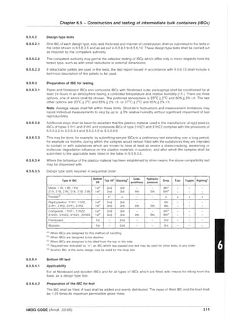 6.5.6.2
6.5.6.2.1
6.5.6.2.2
6.5.6.2.3
6.5.6.3
6.5.6.3.1
6.5.6.3.2
6.5.6.3.3
6.5.6.3.4
6.5.6.3.5
6.5.6.4
6.5.6.4.1
6.5.6.4.2
Chapter 6.5 - Construction and testing of intermediate bulk containers (lBCs)
Design type tests
One IBC of each design type, size, wall thickness and manner of construction shall be submitted to the tests in
the order shown in 6,5,6,3,5 and as set out in 6,5,6,5 to 6,5,6,12, These design type tests shall be carried out
as required by the competent authority,
The competent authority may permit the selective testing of IBCs which differ only in minor respects from the
tested type, such as with small reductions in external dimensions,
If detachable pallets are used in the tests, the test report issued in accordance with 6,5,6,13 shall include a
technical description of the pallets to be used,
Preparation of IBe for testing
Paper and fibreboard IBCs and composite IBCs with fibreboard outer packagings shall be conditioned for at
least 24 hours in an atmosphere having a controlled temperature and relative humidity (r,h,), There are three
options, one of which shall be chosen, The preferred atmosphere is 23°C ±2°C and 50% ± 2% r,h, The two
other options are 20°C ± 2°C and 65% ± 2% r,h, or 27°C ± 2°C and 65% ± 2% r,h,
Note: Average values shall fall within these limits, Short-term fluctuations and measurement limitations may
cause individual measurements to vary by up to ±5% relative humidity without significant impairment of test
reproducibility,
Additional steps shall be taken to ascertain that the plastics material used in the manufacture of rigid plastics
IBCs of types 31 H1 and 31 H2 and composite IBCs of type 31 HZ1 and 31 HZ2 complies with the provisions of
6,5,5,3,2 to 6,5,5,3.4 and 6,5,5.4,6 to 6,5,5.4,9,
This may be done, for example, by submitting sample IBCs to a preliminary test extending over a long period,
for example six months, during which the samples would remain filled with the substances they are intended
to contain or with substances which are known to have at least as severe a stress-cracking, weakening or
molecular degradation influence on the plastics materials in question, and after which the samples shall be
submitted to the applicable tests listed in the table in 6,5,6,3,5,
Where the behaviour of the plastics material has been established by other means, the above compatibility test
may be dispensed with,
Design type tests required in sequential order:
Type of IBe
Bottom
Top lifta
Stacking
b
lift
Metal: 11 A, 11 B, 11 N, 1sta
2nd 3rd
21A, 21B, 21N, 31A, 31B, 31N 1sta
2nd 3rd
Flexibled
- XC x
Rigid plastics: 11 H1, 11 H2, 1sta
2nd 3rd
21H1, 21H2, 31H1, 31H2 1st" 2nd 3rd
Composite: 11 HZ1, 11 HZ2, 1sta
2nd 3rd
21HZ1, 21HZ2, 31HZ1, 31HZ2 1sta
2nd 3rd
Fibreboard 1st - 2nd
Wooden 1st - 2nd
(a) When IBCs are designed for this method of handling,
(b) When IBCs are designed to be stacked,
Leak·
proofness
-
4th
-
-
4th
-
4th
-
-
(c) When IBCs are designed to be lifted from the top or the side,
Hydraulic
Drop Tear Topple
pressure
- 4the
- -
5th 6the
- -
- x x x
- 4th - -
5th 6th - -
- 4the - -
5th 6the - -
- 3rd - -
- 3rd - -
(d) Required test indicated by "x"; an IBC which has passed one lest may be used for other tests, in any order,
(e) Another IBC of the same design may be used for the drop test.
Bottom lift test
Applicability
RightingC
-
-
x
-
-
-
-
-
-
For all fibreboard and wooden IBCs and for all types of IBes which are fitted with means for lifting from the
base, as a design type test.
Preparation of the IBC for test
The IBC shall be filled, A load shall be added and evenly distributed, The mass of filled IBC and the load shall
be 1,25 times its maximum permissible gross mass.
IMDG CODE (Amdt, 33-06) 311
 