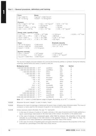 Part 1 - General provisions, definitions and training
1.2.2.2
1.2.2.3
1.2.2.4
18
Force
1 kg = 9.807 N
1 N = 0.102 kg
Pressure
Stress
1 kg/mm2
= 9.807 N/mm2
1 N/mm2 = 0.102 kg/mm2
1 Pa = 1 N/m2 = 10-5
bar
1 bar = 105
Pa
= 1.02 x 10-5
kg/cm2
= 1.02 kg/cm
2
= 0.75 X 10-2
torr
= 750 torr
1 kg/cm
2
= 9.807 x 10
4
Pa
1 torr = 1.33 x 102
Pa
= 0.9807 bar
= 1.33 x 10-3
bar
Energy, work, quantity of heat
1 J = 1 N·m = 0.278 x 10-6
kWh
1 kWh = 3.6 x 106
J = 367 X 103
kg·m
kg·m = 9.807 J = 2.72 X 10-6
kWh
kcal = 4.19 x 103
J = 1.16 X 10-3
kWh
Power
1 W = 0.102 kg·mjs
1 kg·m/s = 9.807 W
1 kcaljh = 1.16 W
Dynamic viscosity
1 Pa·s = 1 N·s/m
2
P = 0.1 Pa·s
kg·s/m2 = 9.807 Pa·s
= 0.86 kcaljh
= 8.43 kcaljh
= 0.119 kg·m/s
= 10 P (poise)
= 0.1 N·s/m
2
= 9.807 N·s/m2
= 736 torr
= 1.36 x 10-3
kg/cm2
=0.102kg·m
= 860 kcal
= 2.34 x 10-3
kcal
= 427 kg·m
Kinematic viscosity
1 m2
/s = 104
St (stokes)
1 St = 10-
4
m2
/s
= 0.102 kg·s/m
2
= 1.02 x 10-2
kgs/m2
= 98.07 P
= 0.239 X 10-3
kcal
The decimal multiples and sub-multiples of a unit may be formed by prefixes or symbols, having the following
meanings, placed before the name or symbol of the unit:
Multiplying factor Prefix Symbol
1 000 000 000 000 000 000 1018
quintillion exa E
000 000 000 000 000 10 15
quadrillion peta P
000 000 000 000 10 12
trillion tera T
000000000 109
billion giga G
1 000000 10
6
million mega M
1 000 10
3
thousand kilo k
100 102
hundred hecto h
10 101
ten deca da
0.1 10-1
tenth deci d
0.01 10-2
hundredth centi c
0.001 10-3
thousandth milli m
0.000001 10-6
millionth micro II
0.000000 001 10-9
billionth nano n
0.000 000 000 001 10-12
trillionth pico p
0.000 000 000 000 001 10.. 15
quadrillionth femto f
0.000 000 000 000 000 001 10-18
quintillionth atto a
Note: 109
= 1 billion is United Nations usage in English. By analogy, so is 10-
9
= 1 billionth.
Whenever the word "weight" is used, it means "mass".
Whenever the mass of a package is mentioned, the gross mass is meant unless otherwise stated. The mass of
containers or tanks used for the transport of goods is not included in the gross mass.
Unless expressly stated otherwise, the sign "%" represents:
.1 in the case of mixtures of solids or of liquids, and also in the case of solutions and of solids wetted by a
liquid: a percentage mass based on the total mass of the mixture, the solution or the wetted solid;
.2 in the case of mixtures of compressed gases: when filled by pressure, the proportion of the volume
indicated as a percentage of the total volume of the gaseous mixture, or, when filled by mass, the
proportion of the mass indicated as a percentage of the total mass of the mixture;
.3 in the case of mixtures of liquefied gases and gases dissolved under pressure: the proportion of the mass
indicated as a percentage of the total mass of the mixture.
IMDG CODE (Amdt. 33-06)
 
