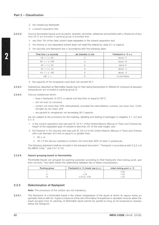 Part 2 - Classification
2.3.2.3
2.3.2.4
2.3.2.5
2.3.2.6
2.3.3
2.3.3.1
52
.2 the closed-cup flashpoint;
.3 a solvent separation test.
Viscous flammable liquids such as paints, enamels, varnishes, adhesives and polishes with a flashpoint of less
than 23"C are included in packing group III provided that:
.1 less than 3% of the clear solvent layer separates in the solvent separation test;
.2 the mixture or any separated solvent does not meet the criteria for class 6.1 or class 8.
.3 the viscosity and flashpoint are in accordance with the following table:
Flow time t in seconds Jet diameter in mm Flashpoint in "C C.c.
20 < t ~ 60 4 above 17
60 < t ~ 100 4 above 10
20 < t ~ 32 6 above 5
32 < t ~ 44 6 above -1
44 < t ~ 100 6 above -5
100 < t 6 -5 an::J below
.4 the capacity of the receptacle used does not exceed 30 f.
Substances classified as flammable liquids due to their being transported or offered for transport at elevated
temperatures are included in packing group III.
Viscous substances which:
- have a flash point of 23°C or above and less than or equal to 60n
C;
- are not toxic or corrosive;
- contain not more than 20% nitrocellulose, provided the nitrocellulose contains not more than 12.6%
nitrogen by dry mass; and
- are packed in receptacles not exceeding 30 ji capacity
are not subject to the provisions for the marking, labelling and testing of packages in chapters 4.1, 5.2 and
6.1, if:
.1 in the solvent separation test (see part III, 32.5.1 of the United Nations Manual of Tests and Criteria) the
height of the separated layer of solvent is less than 3% of the total height; and
.2 the flowtime in the viscosity test (see part III, 32.4.3 of the United Nations Manual of Tests and Criteria)
with a jet diameter of 6 mm is equal to or greater than:
.1 60 s; or
.2 40 s if the viscous substance contains not more than 60% of class 3 substances.
The following statement shall be included in the transport document: "Transport in accordance with 2.3.2.5 of
the IMDG Code" (see 5.4.1.5.10).
Hazard grouping based on flammability
Flammable liquids are grouped for packing purposes according to their flash point, their boiling point, and
their viscosity. This table shows the relationship between two of these characteristics.
Packing group Flashpoint in "C closed cup (c.c.) Initial boiling point in'C
I - ~35
II <23 >35
III ~23 to ~60 >35
Determination of flash point
Note: The provisions of this section are not mandatory.
The flash point of a flammable liquid is the lowest temperature of the liquid at which its vapour forms an
ignitable mixture with air. It gives a measure of the risk of formation of explosive or ignitable mixtures when the
liquid escapes from its packing. A flammable liquid cannot be ignited so long as its temperature remains
below the flashpoint.
IMDG CODE (Amdt. 33-06)
 