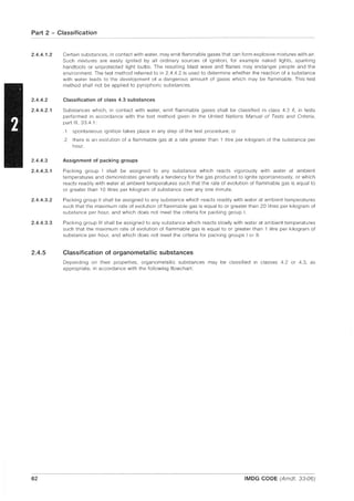 Part 2 - Classification
2.4.4.1.2
2.4.4.2
2.4.4.2.1
2.4.4.3
2.4.4.3.1
2.4.4.3.2
2.4.4.3.3
2.4.5
62
Certain substances, in contact with water, may emit flammable gases that can form explosive mixtures with air.
Such mixtures are easily ignited by all ordinary sources of ignition, for example naked lights, sparking
handtools or unprotected light bulbs. The resulting blast wave and flames may endanger people and the
environment. The test method referred to in 2.4.4.2 is used to determine whether the reaction of a substance
with water leads to the development of a dangerous amount of gases which may be flammable. This test
method shall not be applied to pyrophoric substances.
Classification of class 4.3 substances
Substances which, in contact with water, emit flammable gases shall be classified in class 4.3 if, in tests
performed in accordance with the test method given in the United Nations Manual of Tests and Criteria,
part III, 33.4.1:
.1 spontaneous ignition takes place in any step of the test procedure; or
.2 there is an evolution of a flammable gas at a rate greater than 1 litre per kilogram of the substance per
hour.
Assignment of packing groups
Packing group I shall be assigned to any substance which reacts vigorously with water at ambient
temperatures and demonstrates generally a tendency for the gas produced to ignite spontaneously, or which
reacts readily with water at ambient temperatures such that the rate of evolution of flammable gas is equal to
or greater than 10 litres per kilogram of substance over anyone minute.
Packing group II shall be assigned to any substance which reacts readily with water at ambient temperatures
such that the maximum rate of evolution of flammable gas is equal to or greater than 20 litres per kilogram of
substance per hour, and which does not meet the criteria for packing group I.
Packing group III shall be assigned to any substance which reacts slowly with water at ambient temperatures
such that the maximum rate of evolution of flammable gas is equal to or greater than 1 litre per kilogram of
substance per hour, and which does not meet the criteria for packing groups I or II.
Classification of organometallic substances
Depending on their properties, organometallic substances may be classified in classes 4.2 or 4.3, as
appropriate, in accordance with the following flowchart:
IMDG CODE (Amdt. 33-06)
 