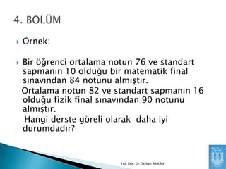 


Örnek:
Bir öğrenci ortalama notun 76 ve standart
sapmanın 10 olduğu bir matematik final
sınavından 84 notunu almıĢtır.
Ortalama notun 82 ve standart sapmanın 16
olduğu fizik final sınavından 90 notunu
almıĢtır.
Hangi derste göreli olarak daha iyi
durumdadır?

Yrd. Doç. Dr. Serkan ARIKAN

 