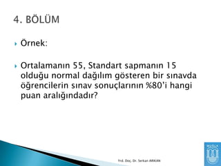



Örnek:
Ortalamanın 55, Standart sapmanın 15
olduğu normal dağılım gösteren bir sınavda
öğrencilerin sınav sonuçlarının %80’i hangi
puan aralığındadır?

Yrd. Doç. Dr. Serkan ARIKAN

 