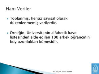 



ToplanmıĢ, henüz sayısal olarak
düzenlenmemiĢ verilerdir.
Örneğin, Üniversitenin alfabetik kayıt
listesinden elde edilen 100 erkek öğrencinin
boy uzunlukları kümesidir.

Yrd. Doç. Dr. Serkan ARIKAN

 