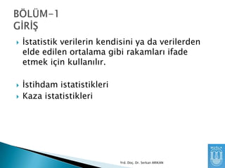 





Ġstatistik verilerin kendisini ya da verilerden
elde edilen ortalama gibi rakamları ifade
etmek için kullanılır.
Ġstihdam istatistikleri
Kaza istatistikleri

Yrd. Doç. Dr. Serkan ARIKAN

 