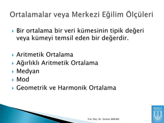 








Bir ortalama bir veri kümesinin tipik değeri
veya kümeyi temsil eden bir değerdir.
Aritmetik Ortalama
Ağırlıklı Aritmetik Ortalama
Medyan
Mod
Geometrik ve Harmonik Ortalama

Yrd. Doç. Dr. Serkan ARIKAN

 