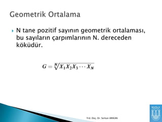 

N tane pozitif sayının geometrik ortalaması,
bu sayıların çarpımlarının N. dereceden
köküdür.

Yrd. Doç. Dr. Serkan ARIKAN

 