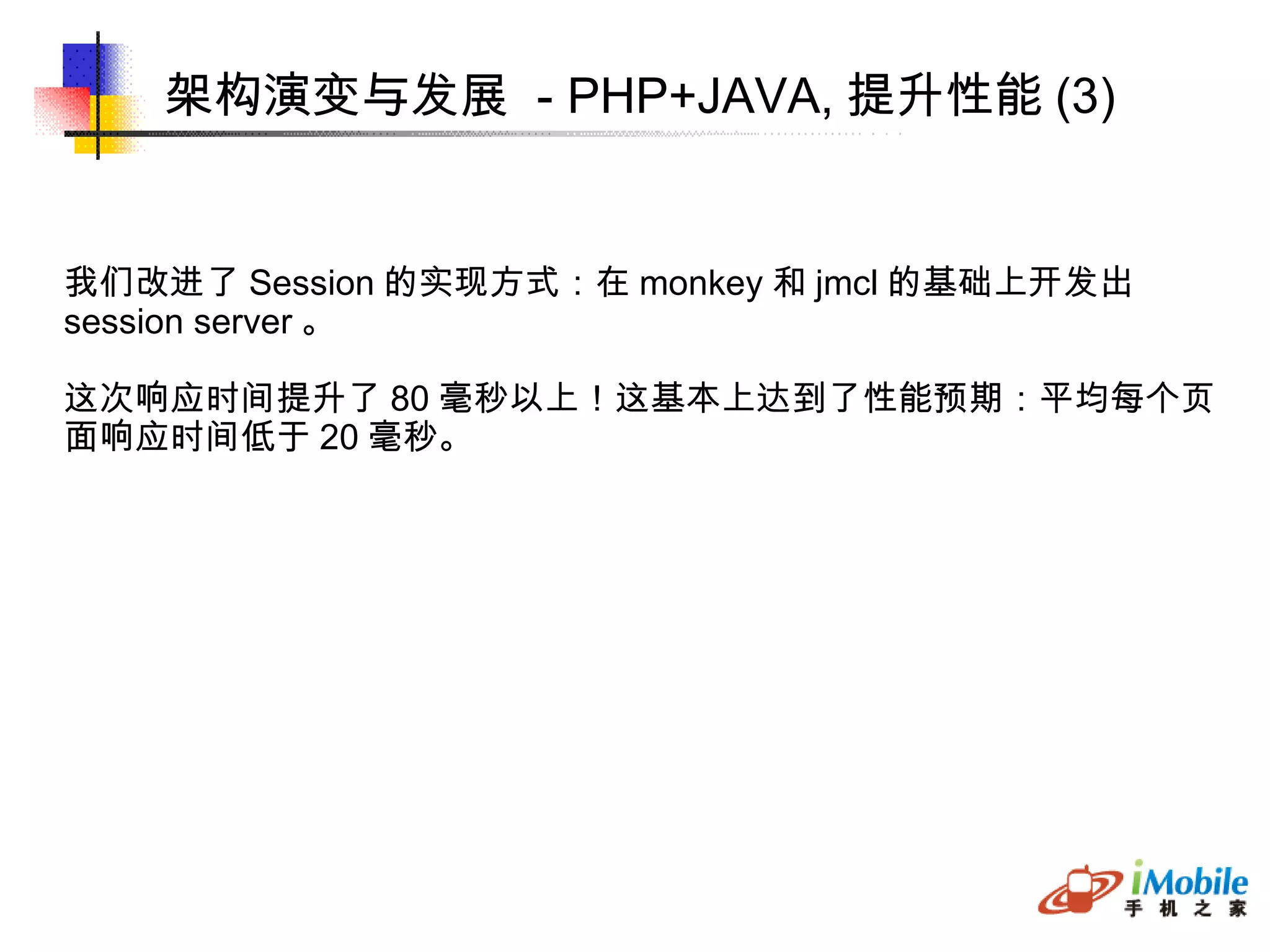 架构演变与发展  - PHP+JAVA, 提升性能 (3)‏ 我们改进了 Session 的实现方式：在 monkey 和 jmcl 的基础上开发出 session server 。 这次响应时间提升了 80 毫秒以上！这基本上达到了性能预期：平均每个页 面响应时间低于 20 毫秒。 