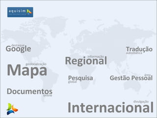 Internacional divulgação Google destaque Mapa geolocalização Tradução automática Regional informação Gestão Pessoal  área Pesquisa global Documentos   online 