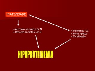 INATIVIDADE Aumento na quebra de N Redução na síntese de N Problemas TGI Perda Apetite Constipação HIPOPROTEINEMIA 