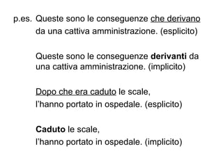 p.es.  Queste sono le conseguenze  che derivano da una cattiva amministrazione. (esplicito) Queste sono le conseguenze  derivanti  da  una cattiva amministrazione. (implicito) Dopo che era caduto  le scale, l’hanno portato in ospedale. (esplicito) Caduto  le scale,  l’hanno portato in ospedale. (implicito) 