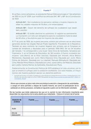 11
De las fuentes que leíste selecciona las que en tu opinión te dan información importante para
desarrollar los argumentos de la carta abierta que redactarás. Coloca el número de la fuente:
Aspecto de
análisis
Fuente ____ Fuente ____ Fuente ___
Autor
Año de
elaboración
Ahora que conoces un poco más cómo se produjo la elección o designación de autoridades
o cargos en otros periodos o etapas de nuestra historia, así como la participación de la
población en dichos procesos, completa el siguiente cuadro con la información solicitada.
 