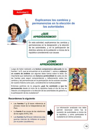 1
Recordemos lo siguiente:
Actividad 2
En esta actividad, explicaremos los cambios y
permanencias en la designación y la elección
de las autoridades, y en la participación de
distintos actores de la población a inicios de la
república considerando sus causas
Luego de haber realizado una lectura comprensiva adecuada de las
fuentes 1 al 5, que se encuentran en la actividad 1, vamos a elaborar
un cuadro de análisis con algunas ideas fuerza sobre lo leído. Es
importante que realicemos una lectura a profundidad de cada una de
las fuentes para seguir comprendiendo y reflexionando sobre los
cambios y las permanencias en la participación de los actores sociales
de nuestra historia como país, considerando la multicausalidad.
Entonces partimos de la pregunta ¿qué ha cambiado y que ha
permanecido desde el inicio de la república hasta el día de hoy en
relación a la designación o la elección de las autoridades de gobierno y
la participación de los ciudadanos?
▪ Las fuentes 1 y 2 hacen referencia al
proceso inicial de la Independencia del
Perú
▪ La fuente 3 se ocupa de las rebeliones
de los siglos XVIII y XIX.
▪ Las fuentes 4 y 5 hacen referencia a las
guerras internas de militares en pugna
por el poder (caudillismo).
La información analizada nos debe
permitir reconocer cómo fue la
sucesión de autoridades a inicios de
la república, y cómo participaba la
ciudadanía en dichos procesos.
Explicamos los cambios y
permanencias en la elección de
las autoridades
15
 