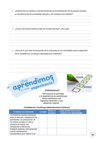1
• ¿Explicamos los cambios y las permanencias en la participación de los actores sociales
en las elecciones de autoridades del país y de nuestras comunidades?
• ¿Cómo nos hemos sentido al leer las fuentes escritas? ¿Por qué?
• ¿Qué es lo que más ha favorecido de lo propuesto en las actividades para el desarrollo
de la competencia Construye interpretaciones históricas?
¡Felicitaciones!
Terminamos la actividad
y la experiencia de aprendizaje.
Ahora sabremos qué
logramos aprender y qué
debemos mejorar.
Competencia: Construye interpretaciones históricas
Criterios de evaluación Lo logre
Estoy en
proceso
¿Qué puedo hacer para
mejorar mis aprendizajes
Contrasté las fuentes analizadas
sobre la elección o designación de
autoridades y la participación de
los actores sociales en dichos
procesos al mostrar sus
semejanzas y diferencias
Expliqué cambios y permanencias
cuando identifiqué las
características que variaron o se
22
 