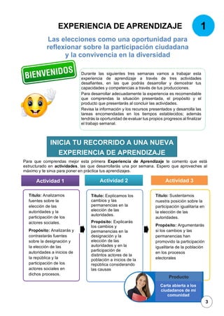 1
EXPERIENCIA DE APRENDIZAJE
Las elecciones como una oportunidad para
reflexionar sobre la participación ciudadana
y la convivencia en la diversidad
Para que comprendas mejor esta primera Experiencia de Aprendizaje te comento que está
estructurado en actividades, las que desarrollarás una por semana. Espero que aproveches al
máximo y te sirva para poner en práctica tus aprendizajes.
Durante las siguientes tres semanas vamos a trabajar esta
experiencia de aprendizaje a través de tres actividades
desafiantes, en las que podrás desarrollar y demostrar tus
capacidades y competencias a través de tus producciones.
Para desarrollar adecuadamente la experiencia es recomendable
que comprendas la situación presentada, el propósito y el
producto que presentarás al concluir las actividades.
Revisa la información y los recursos presentados y desarrolla las
tareas encomendadas en los tiempos establecidos; además
tendrás la oportunidad de evaluar tus propios progresos al finalizar
el trabajo semanal.
INICIA TU RECORRIDO A UNA NUEVA
EXPERIENCIA DE APRENDIZAJE
Actividad 1 Actividad 3
Actividad 2
Título: Analizamos
fuentes sobre la
elección de las
autoridades y la
participación de los
actores sociales.
Propósito: Analizarás y
contrastarás fuentes
sobre la designación y
la elección de las
autoridades a inicios de
la república y la
participación de los
actores sociales en
dichos procesos.
Título: Explicamos los
cambios y las
permanencias en la
elección de las
autoridades.
Propósito: Explicarás
los cambios y
permanencias en la
designación y la
elección de las
autoridades y en la
participación de
distintos actores de la
población a inicios de la
república considerando
las causas
Título: Sustentamos
nuestra posición sobre la
participación igualitaria en
la elección de las
autoridades.
Propósito: Argumentarás
si los cambios y las
permanencias han
promovido la participación
igualitaria de la población
en los procesos
electorales
Producto
Carta abierta a los
ciudadanos de mi
comunidad
3
 
