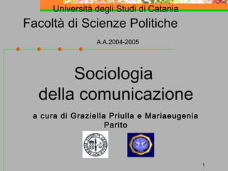 Università degli Studi di Catania

Facoltà di Scienze Politiche
A.A.2004-2005

Sociologia
della comunicazione
a cura di Graziella Priulla e Mariaeugenia
Parito

1

 