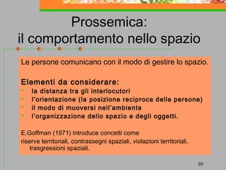 Prossemica:
il comportamento nello spazio
Le persone comunicano con il modo di gestire lo spazio.
Elementi da considerare:





la distanza tra gli interlocutori
l’orientazione (la posizione reciproca delle persone)
il modo di muoversi nell’ambiente
l’organizzazione dello spazio e degli oggetti.

E.Goffman (1971) introduce concetti come
riserve territoriali, contrassegni spaziali, violazioni territoriali,
trasgressioni spaziali.
20

 