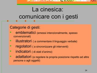 La cinesica:
comunicare con i gesti
Categorie di gesti:

emblematici (emessi intenzionalmente, spesso
convenzionali)






illustratori ( a commentare il linguaggio verbale)
regolatori ( a sincronizzare gli interventi)
indicatori ( di stati d’animo)
adattatori (a regolare la propria posizione rispetto ad altre

persone o agli oggetti)

24

 