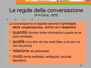 Le regole della conversazione
(P.H.Grice, 1975)

La conversazione è regolata secondo il principio
della cooperazione, definito da 4 massime:


quantità (fornisci tante informazioni quante te ne
sono richieste)



qualità (non dire ciò che credi falso e ciò per cui
non hai prove)




relazione (sii pertinente)
modo (evita prolissità, ambiguità, oscurità,
disordine).

33

 