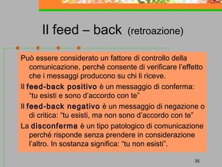 Il feed – back

(retroazione)

Può essere considerato un fattore di controllo della
comunicazione, perché consente di verificare l’effetto
che i messaggi producono su chi li riceve.
Il feed-back positivo è un messaggio di conferma:
“tu esisti e sono d’accordo con te”
Il feed-back negativo è un messaggio di negazione o
di critica: “tu esisti, ma non sono d’accordo con te”
La disconferma è un tipo patologico di comunicazione
perché risponde senza prendere in considerazione
l’altro. In sostanza significa: “tu non esisti”.
35

 