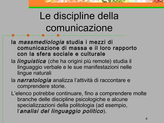 Le discipline della
comunicazione
la massmediologia studia i mezzi di
comunicazione di massa e il loro rapporto
con la sfera sociale e culturale
la linguistica (che ha origini più remote) studia il
linguaggio verbale e le sue manifestazioni nelle
lingue naturali
la narratologia analizza l’attività di raccontare e
comprendere storie.
L’elenco potrebbe continuare, fino a comprendere molte
branche delle discipline psicologiche e alcune
specializzazioni della politologia (ad esempio,
l’analisi del linguaggio politico ).
4

 