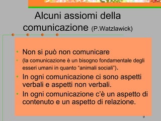 Alcuni assiomi della
comunicazione (P.Watzlawick)
•

Non si può non comunicare

•

(la comunicazione è un bisogno fondamentale degli
esseri umani in quanto “animali sociali”).

•
•

In ogni comunicazione ci sono aspetti
verbali e aspetti non verbali.
In ogni comunicazione c’è un aspetto di
contenuto e un aspetto di relazione.
9

 