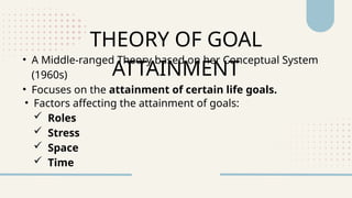 • A Middle-ranged Theory based on her Conceptual System
(1960s)
• Focuses on the attainment of certain life goals.
THEORY OF GOAL
ATTAINMENT
• Factors affecting the attainment of goals:
 Roles
 Stress
 Space
 Time
 