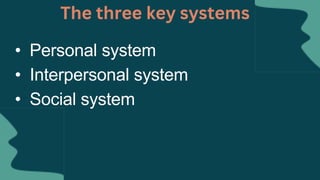 The three key systems
• Personal system
• Interpersonal system
• Social system
 