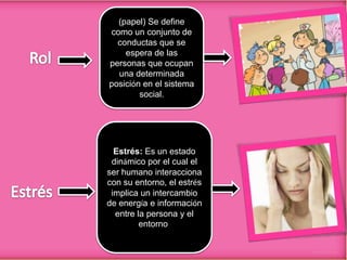 (papel) Se define
como un conjunto de
conductas que se
espera de las
personas que ocupan
una determinada
posición en el sistema
social.

Estrés: Es un estado
dinámico por el cual el
ser humano interacciona
con su entorno, el estrés
implica un intercambio
de energía e información
entre la persona y el
entorno.

 