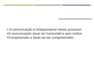  A comunicação é indispensável nesse processo
A comunicação deve ser horizontal e sem ruídos
Compreender e fazer-se ser compreendido
 